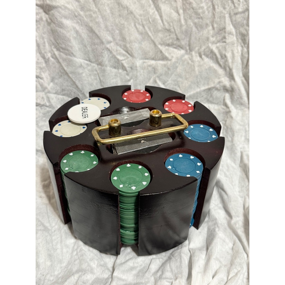 Cardinal Wooden Poker Chip Carousel Set with Cards and Dealer Button